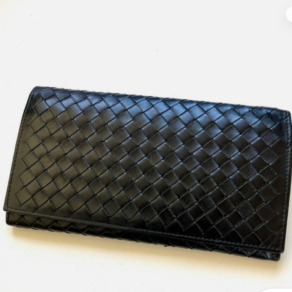 Bottega Veneta Black Leather Printed Grid Long Wallet/ BNWT/ UNISEX